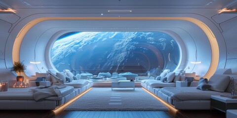 Canvas Print - Futuristic living space with a large window overlooking the Earth. AI.