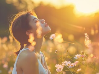 Wall Mural - Woman relaxing in a field of flowers. AI.