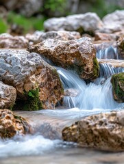 Poster - A small waterfall flows over rocks and into a stream. AI.