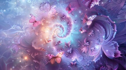Wall Mural - kaleidoscopic vortex of pastel colors fractal patterns spiraling inwards holographic butterflies eme