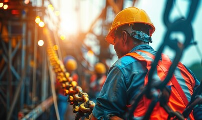 Poster - A construction worker in a hard hat and safety vest working on a large project. AI.