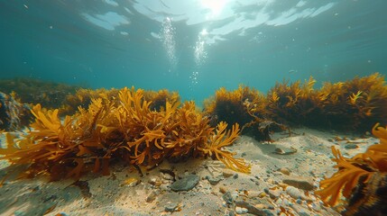 Wall Mural - Underwater marine scene showcasing vibrant seaweed and coral formations in a clear, sunlit ocean with sandy seabed and scattered rocks