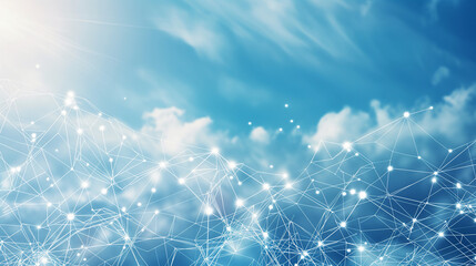 Wall Mural - abstract white lines and nodes depicting a digital network and global connection on a blue sky color