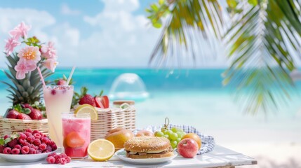 Aufkleber - A table with a variety of food and drinks, including a sandwich, fruit, and a drink. The table is set on a beach, with a view of the ocean in the background. Scene is relaxed and inviting