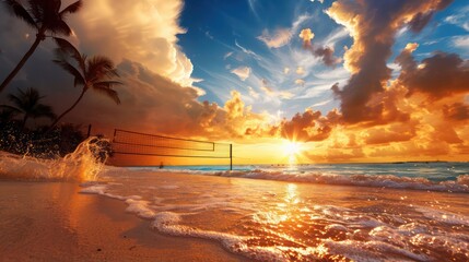 Aufkleber - A volleyball net is set up on a beach with a beautiful sunset in the background. The sky is filled with clouds, creating a serene and peaceful atmosphere. The beach is empty