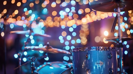 A blue drum set with a shiny finish sits in front of a backdrop of lights. The drum set is the main focus of the image, and the lights in the background create a sense of depth and atmosphere