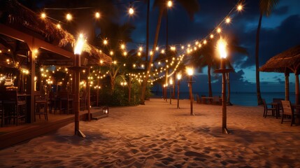 Fototapete - A beach with lights and fire on the sand. The beach is empty and the lights and fire create a warm and inviting atmosphere