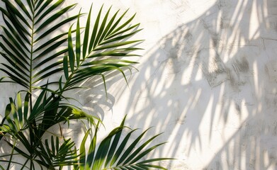 Wall Mural - Shadows cast by tropical leaves on white background over grey table