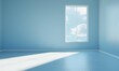 © panumas - Minimalist room with blue walls, floor and ceiling, featuring a window with a view of a sunny sky and white clouds.
