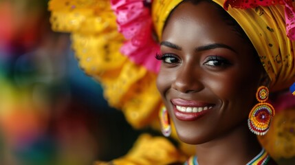 Wall Mural - A woman wearing a yellow head scarf and gold earrings is smiling