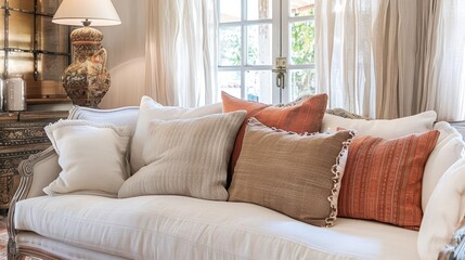 Wall Mural - rustic chic living room with plush fabric sofa white and terracotta pillows soft natural light filters through sheer curtains highlighting warm textures and french country charm