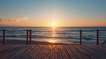 Aufkleber - A wooden pier overlooking the ocean with the sun setting in the background. The scene is serene and peaceful, with the sun casting a warm glow on the water and the pier