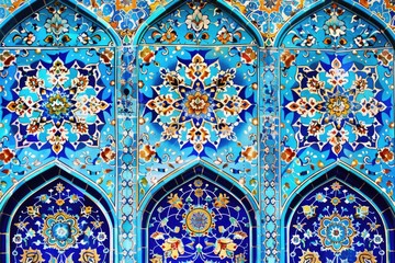 Wall Mural - A detailed view of a blue and gold decorative wall, perfect for interior design or architectural inspiration