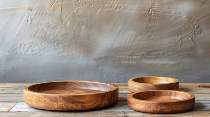 Handmade wooden kitchen utensils, wooden kitchen dishes, empty various plates. Business food background, culinary backdrop with copy space. Generative AI.