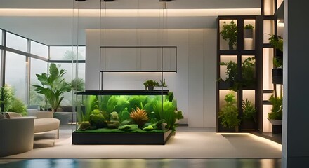 Wall Mural - Sleek indoor aquarium with thriving plants and dynamic lighting setup 4k animation