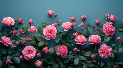 Poster - Pink Roses on Blue Background