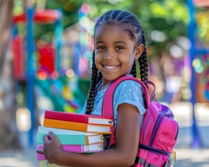 Wall Mural - Smiling girl with braids, colorful backpack, books at playground, symbolizing education and joy