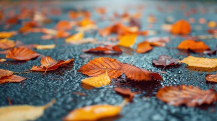 Aufkleber - A close up of autumn leaves on a wet road. The leaves are scattered across the pavement, creating a colorful and serene scene. The wetness of the leaves adds a sense of freshness