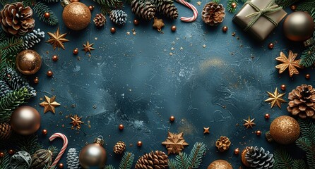 Wall Mural - Festive Christmas Decorations on Blue Background