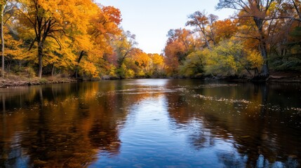 Aufkleber - A river with trees on both sides and a reflection of the trees in the water. The water is calm and the trees are in full autumn color