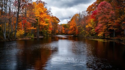 Aufkleber - A river with a lot of trees and leaves on the ground. The water is dark and the sky is cloudy