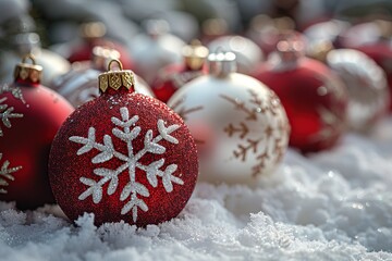 Wall Mural - Red and White Christmas Ornaments on Snow