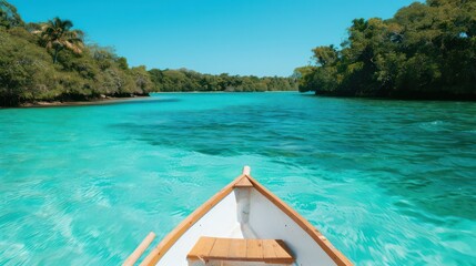 Aufkleber - A boat is floating on a blue river. The water is calm and clear. The boat is white and has a wooden seat. The scene is peaceful and relaxing