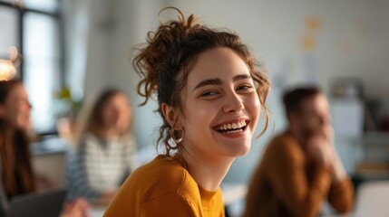 Wall Mural - person presenting a successful idea with a happy expression in a meeting room. generative ai