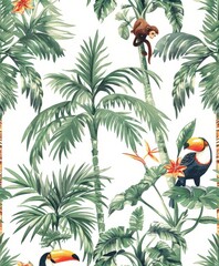 Wall Mural - Stock illustration of a tropical floral seamless pattern with hand-drawn watercolor palm trees and animals. Toucan monkey and paradise bird.