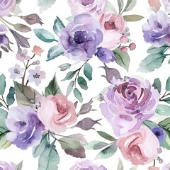 Wall Mural - Seamless watercolor pattern with flowers and leaves. Illustration for use in product design, print for use in print media. Pink and purple colors. Spring, bouquet, pure beauty.