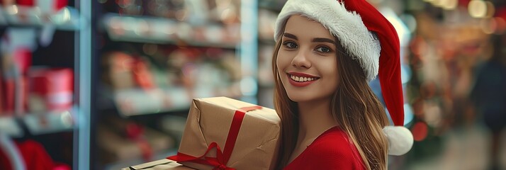 Spread festive joy with a woman in a Santa hat holding Christmas gifts. Celebrate the holiday season by giving gifts and shopping with loved ones during the cheerful December festivities