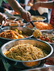 People gathering around a table filled with various dishes, perfect for events, parties or everyday life