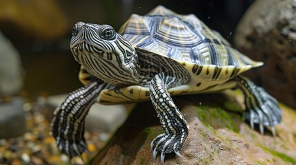 Sticker - Close-Up Photograph of a Turtle with Black and White Shell on a Rock