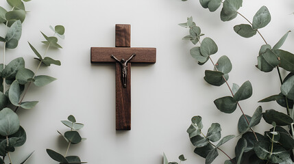 un fondo liso blanco con ramas de plantas de eucalipto con una cruz de madera diseño e invitacion religiosa o de celebracion