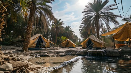 One or two tents in a small oasis, with palm trees and a water fountain