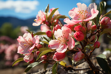 Wall Mural - Blossoming apple orchards promise a future harvest, the trees laden with flowers. Concept of renewal and agricultural bounty. Generative Ai.