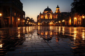 Canvas Print - A deserted city square in the early morning hours, echoing with the stillness of dawn. Concept of urban solitude and empty streets. Generative Ai.