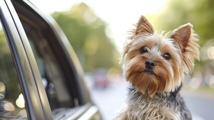 Wall Mural - Cute Yorkshire terrier peeking out car window room for text