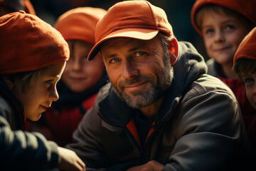 Poster - A father coaching his child's little league team, leading by example and instilling values of perseverance. Concept of sportsmanship and leadership. Generative Ai.