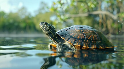 Sticker - 3D Realistic Turtle Swimming in Calm Water Illustration