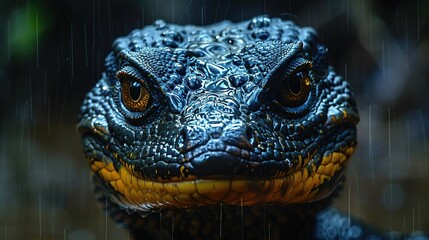 Wall Mural - Close-up of a Reptile's Head in the Rain