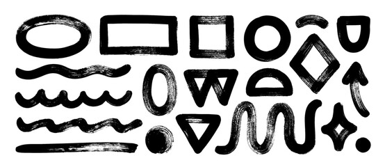 Aufkleber - Abstract geometric shapes and icons, basic forms collection. Brutal modern contemporary figures drawn with round brush. Hand drawn grunge doodle shapes. Squiggle, underlines, grunge geometry.