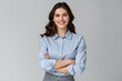 © SkoldPanda - Happy Latina Business Woman in Blue Shirt and Grey Skirt