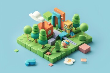 Wall Mural - A small building surrounded by trees and blocks, suitable for use as a illustration for construction or nature themes