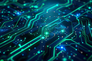 Futuristic abstract electronic circuit board background with vibrant green and blue lights, digital technology concept, versatile design for tech and innovation themes