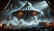 © Hotpin - Spooky Halloween Circus Tent with Jack-o'-Lanterns Background, Skeleton, Bats, and Cobwebs in a Foggy Night Setting - Perfect for Halloween Themes