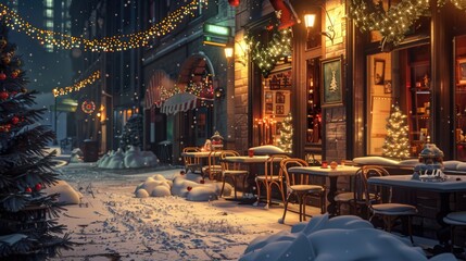 Poster - A winter scene with tables and chairs covered in snow, great for use in winter-themed designs or as a background