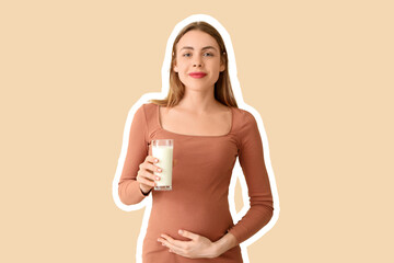 Poster - Young pregnant woman with milk on beige background