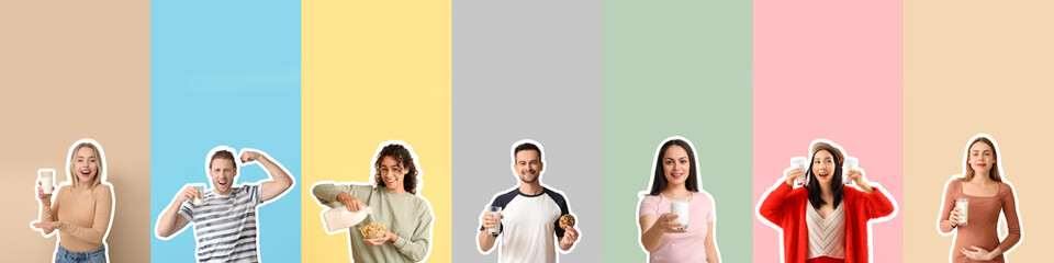 Poster - Set of different people with milk on color background