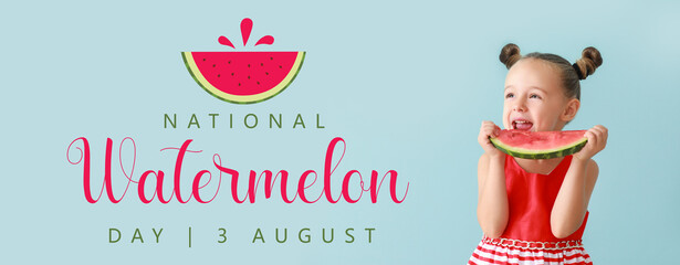 Sticker - Cute little girl with slice of fresh watermelon on color background